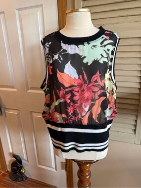 Bar III Black Floral Sleeveless Knit-Trim Tank Beautiful